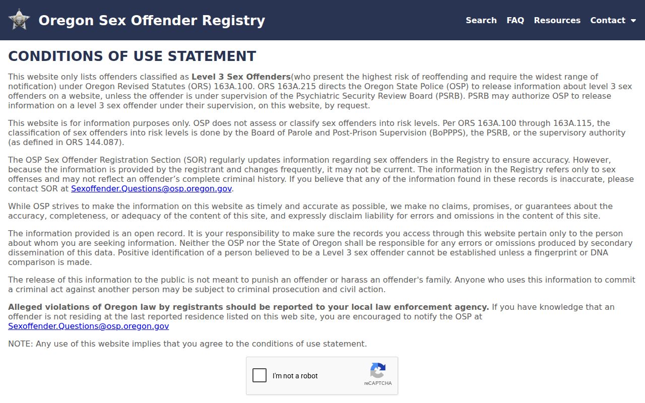 Tigard resident lookup reference to the Oregon public safety registry search landing page