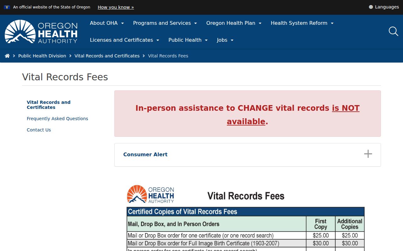 Tigard resident lookup view of Oregon Vital Records fees and ordering options