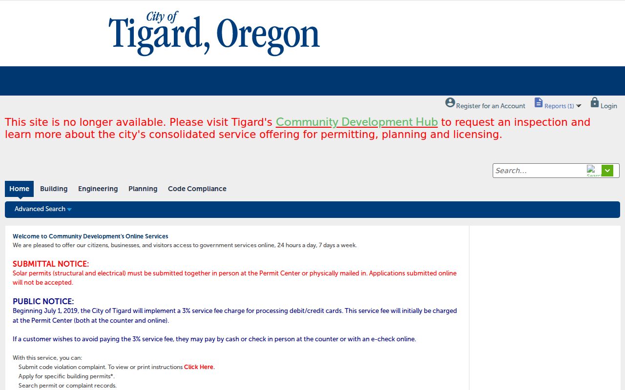 Tigard street directory permit and code search entry screen